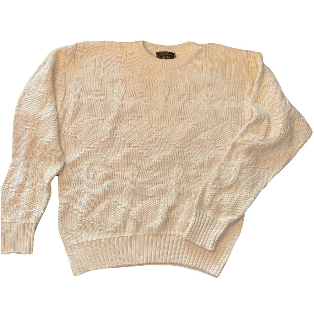 Vtg Eddie Bauer Sweater Men Large Yellow Aztec Pattern Chunky Cable Knit USA‎
